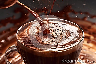 Close-up image of a hot cup of cocoa being poured, capturing the swirling motion and the splashes of chocolate as it fills the cup Stock Photo