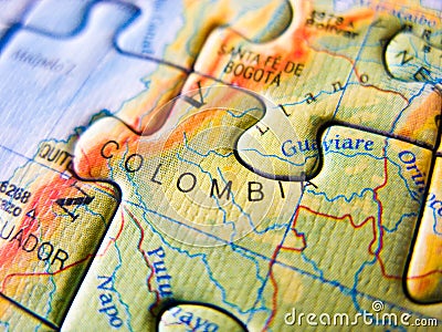 Close up of a jigsaw puzzle map depicting Colombia Editorial Stock Photo