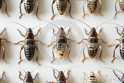 Close up Image of Multiple Crickets in Rows Intricate Details of Insects with Varied Patterns and Colors in a Collection Displayed Stock Photo
