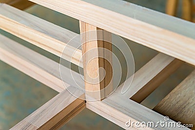 New wooden beams joined with each other Stock Photo