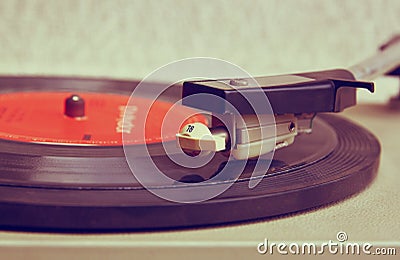 Close up image of old record player, image is retro filtered . selective focus Stock Photo