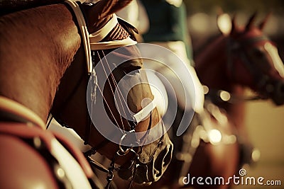 Close-up image of polo horses and ponies in a paddock, saddled up for a game with polo saddles. Generative AI Stock Photo