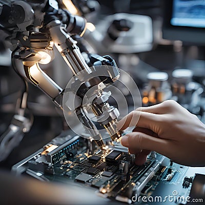 A close-up image of a robotic arm assembling intricate microchips in a high-tech factory1 Stock Photo