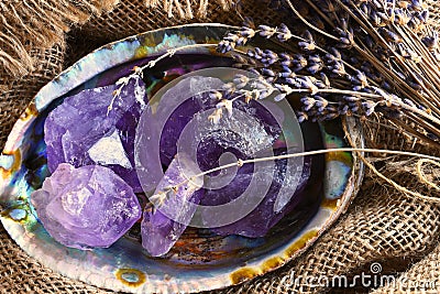 Amethyst and Abalone Shell Close Up Stock Photo