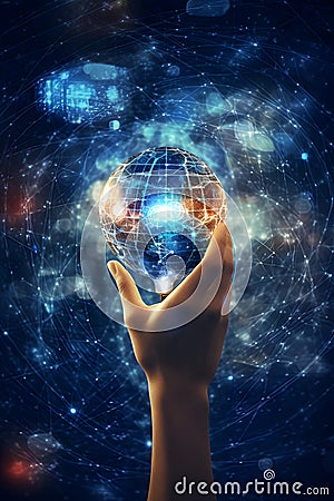 Close up of human hand holding glowing earth globe. 3D rendering Stock Photo