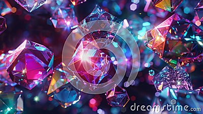 A close-up image showcasing iridescent, multifaceted crystal gems floating in a dark background Stock Photo