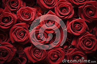 A close-up image showcasing a multitude of stunning red roses, tightly grouped together., Natural fresh red roses flowers pattern Stock Photo