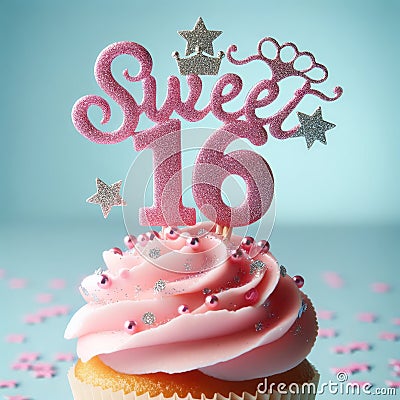 Glittery Sweet 16 Cupcake Topper Stock Photo