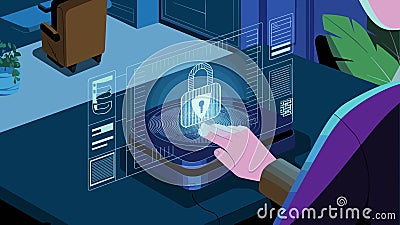 A close-up image showcasing the use of fingerprint biometrics for accessing secure medical records on a futuristic holographi... Vector Illustration