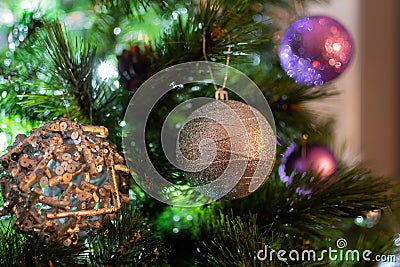 Close-up image with Silver and purpple Christmas balls on tree Stock Photo