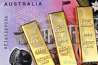 Macro image of a five Australian dollar bill with three small bars close up Stock Photo