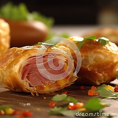 Close-up image of a traditional Iberian-style ham and egg roll, decorated with fresh coriander Cartoon Illustration