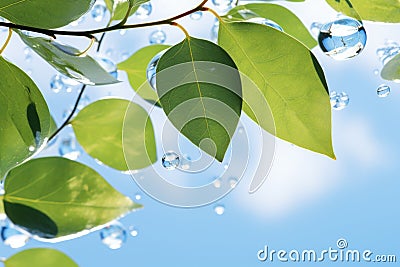 Close-up image of tree branch with water droplets hanging from it. This picture captures beauty of nature and intricate Stock Photo