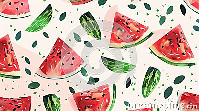 A close-up image of watermelon slices, rinds, and seeds arranged in a repeating pattern on a light background Stock Photo