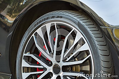 Close-up image of wheel of a new sports car. Stock Photo