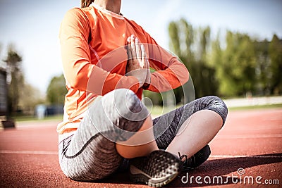 Close up image woman exercise yoga. Outside. Stock Photo