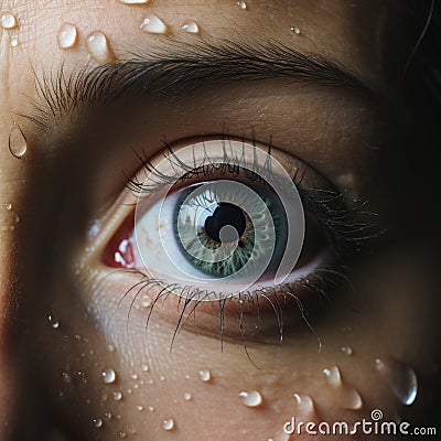 close-up image of a woman's eye light blue iris, water droplets on her face, generative ai Stock Photo