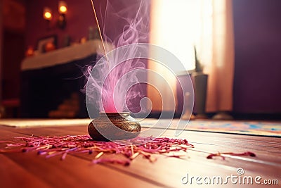close-up of incense burning in a quiet yoga studio Stock Photo