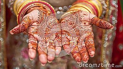 Close-up of an Indian bride& x27;s hands with intricate henna design and traditional bangles Stock Photo