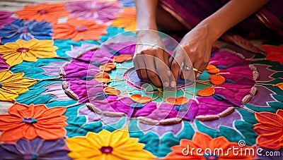 Close up of indian woman hand embroidering colorful flowers Stock Photo