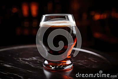 close-up of individual glass of draught beer with foamy head and rich color Stock Photo