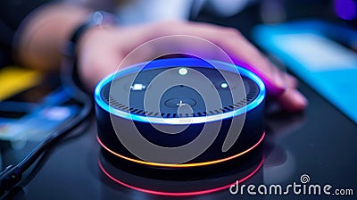 Close up of individual using voice assistant on smart speaker for interactive commands Stock Photo