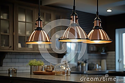 close-up of industrial pendant lights hanging over a kitchen island Stock Photo