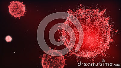 Close up influenza virus in blood vessel. Red abstract plexus wireframe Coronavirus background. Science and medical concept. Micro Cartoon Illustration