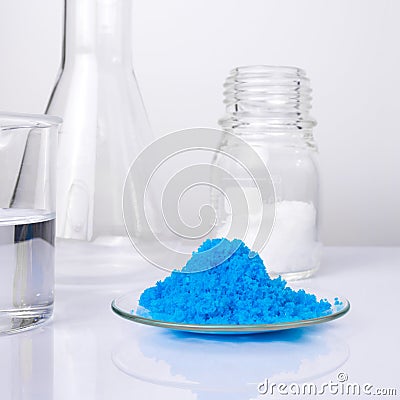 Close up inorganic chemical on white laboratory table. CopperII sulfate, Microcrystalline wax and alcohol. Chemical ingredient Stock Photo