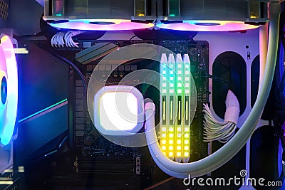 Close-up and inside high performance Desktop PC and Cooling system on CPU socket with multicolored LED RGB light show status on wo Stock Photo