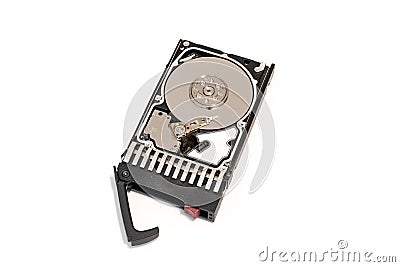 Close up inside of hot plug SAS computer disk drive HDD in tray isolated Stock Photo