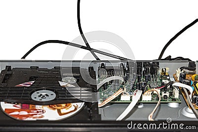 Close up inside view of CD player. Electronic concept. Editorial Stock Photo