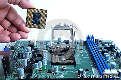 Close up installing cpu and motherboard, parts computer pc Stock Photo