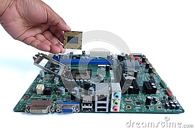 Close up installing cpu and motherboard, parts computer pc Stock Photo