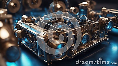 close up of a instrument a steampunk, Blue Medical Science Technology Abstract Background Stock Photo
