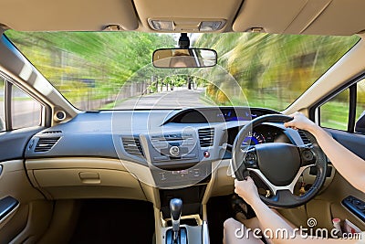 Close up interior driver inside bright car. Stock Photo
