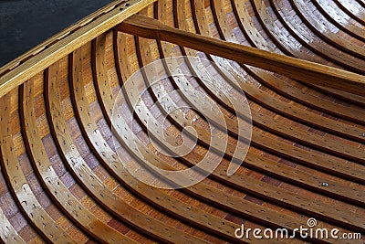 Close up interior shot of a wooden canoe near the center thwart Stock Photo