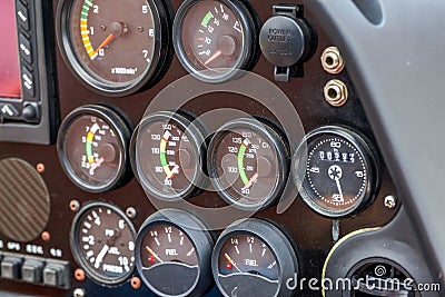 A close-up of the internal dashboard panel of a small aircraft Editorial Stock Photo
