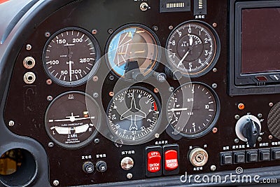 A close-up of the internal dashboard panel of a small aircraft Editorial Stock Photo