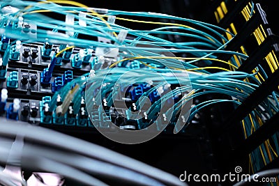 Close up of internet wires connected to the network server Stock Photo