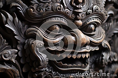 close-up of intricate balinese mask carvings on wood Stock Photo