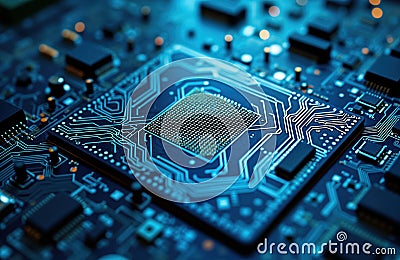 Close-up intricate circuit board complex pathways. Technical details, precise design of microchip. Advanced technology showcased. Stock Photo
