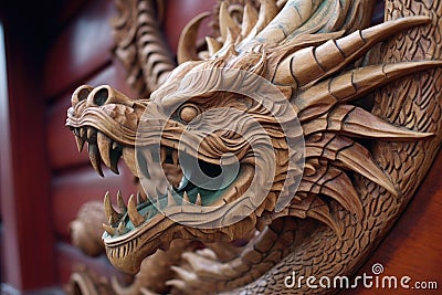 close-up of intricate dragon head carving on a ship prow Stock Photo