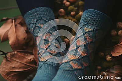 close-up of intricate knitting pattern on a pair of socks Stock Photo