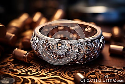 A close-up of intricate metalwork or jewelry, highlighting the precision and detail of the craftsm Stock Photo