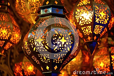 close-up of intricate moroccan lantern patterns Stock Photo