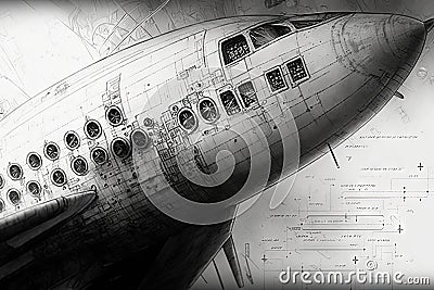 close-up of intricate pencil sketch of aircraft wing and control surfaces Stock Photo