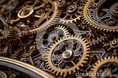 close-up of intricate steampunk gears interlocking Stock Photo