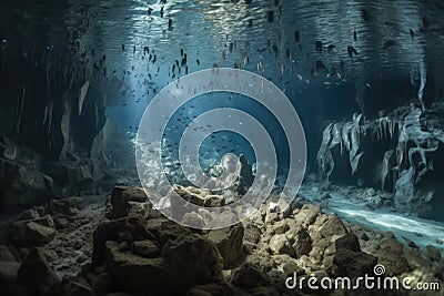 close-up of intricate underwater cave formations, with schools of fish swimming among them Stock Photo