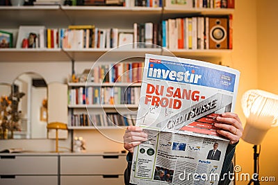 Close-up of Investir French newspaper breaking news of UBS hist Editorial Stock Photo